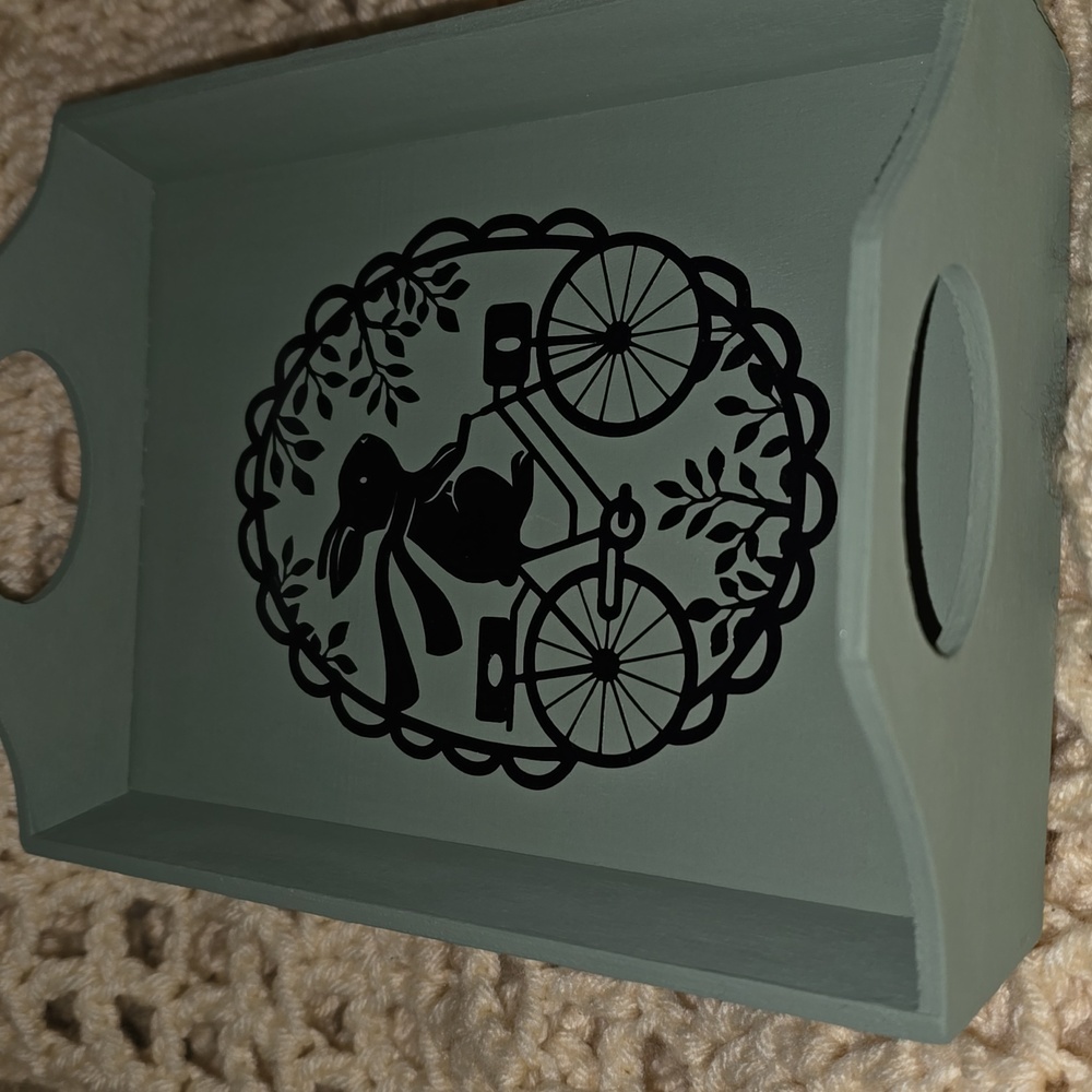 Easter Wooden Tray With Handles Graphic Rabbit On Bicycle - Picture 3 of 6